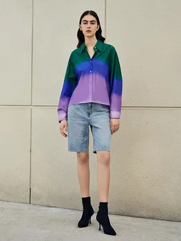 2023 vasaras modes moderns personības krāsains krāsu saskaņošanas atloks garām piedurknēm jaka sieviešu krekls top