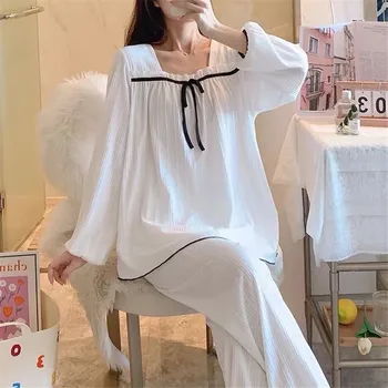Balts divdaļīga Mājas Mēbeles Komplekts sieviešu Pavasara Rudens Long piedurknēm Zaudēt Top+Bikses Sieviešu Pidžamas Modes Apģērbu Komplekti