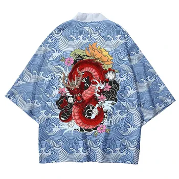 Pūķis Drukāt Yukata Vīriešu Un Sieviešu Modes Jaka Zaudēt Blūze Haori Obi Āzijas Apģērbu Harajuku Japāņu Cosplay Kimono