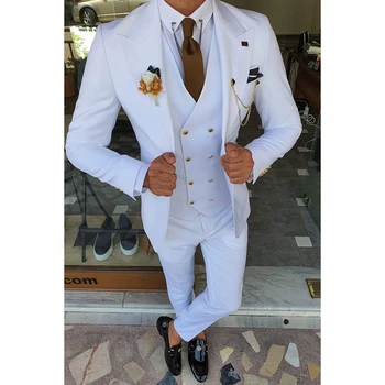 Modes Kāzu Uzvalki Vīriešu Slim Fit Uzvalku vienkrāsainu Maksimālā Atloks, Viena Krūšu Vīriešu Žakete Gadījuma Pilnībā Vīriešu Uzvalku 3 Gabalu