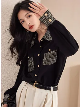 SMTHMA Jauna Rudens Augstas klases Vintage Mazo Smaržas Kabatas Krekls Top Sieviešu Modes Korejas Šiks Tvīda Raibs Blūze