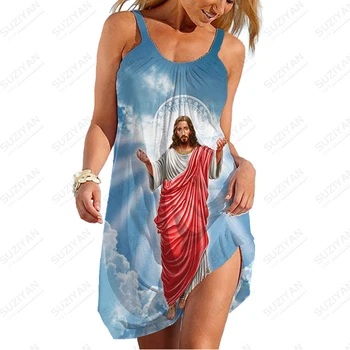 2023 Jauno Vasaras Sieviešu Jēzus 3D Drukas Kleita Zaudēt Gadījuma Kleita Brīvdienu Vēja Linga Kleita Dāmas Modes Apģērbi