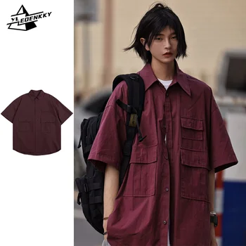 Japāņu Vasaras Kreklu Vīrieši Sievietes Multi-kabatas Dizaina Apģērbi Īsām Piedurknēm Krekls Harajuku Vintage Plānais Mētelis Hip Hop Pāris Unisex