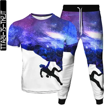 Harajuku Krāsains Visumu Galaxy Krāsošana Vortex Vilks Kaķis Planētas Drukāt Vīriešu Modes Tracksuit T-Krekls+Bikses 2gab Apģērbu Komplekti