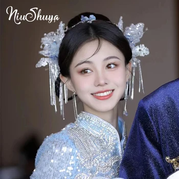 NiuShuya Līgava Retro Ķīniešu Stila Matu Aksesuāri, Zils Kāzu Hanfu Matu Aksesuāri, Auskari Komplekts