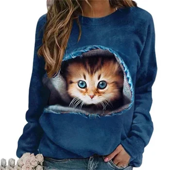 Modes gadījuma sieviešu džemperis Džemperis, krekls 3D kaķis dzīvnieku print pulovers apkalpes-kakla zaudēt garām piedurknēm krekls