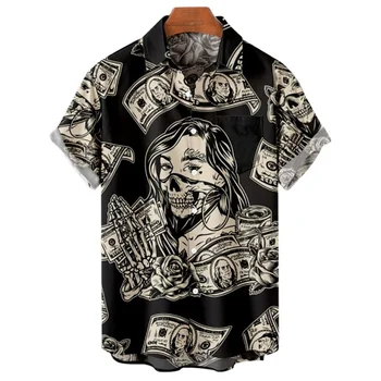 Krekli Vīriešiem 3d Vintage Šausmu Galvaskausa Šūpuļzirgs Drukāt Gothic Rockabilly Havaju Krekls ar Īsām Piedurknēm Top Homme Harajuku Ropa Hombre