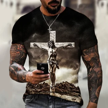 Modes vīriešu T-krekls ar Dieva Reliģiju Jēzus Kristus Krusta 3D Grafikas Iespiestas Īsām Piedurknēm lielgabarīta Poliestera Šķiedras Apģērbs
