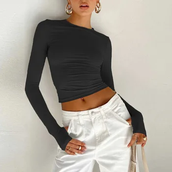 Ar garām Piedurknēm Crop Topi, Sieviešu Streetwear Puloveri Top Modes Cietā Y2K T-krekli 2023 Gadījuma Pavasara Slim Fit Bāzes Tees T Krekls