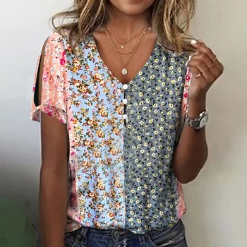 Modes Sieviešu V-veida kakla T-krekls Harajuku Drukāt Vasaras 3D T-krekls Ziedu Grafiskais Tee Mīksti Džemperi Sieviešu Gadījuma Top 2xl Apģērbi