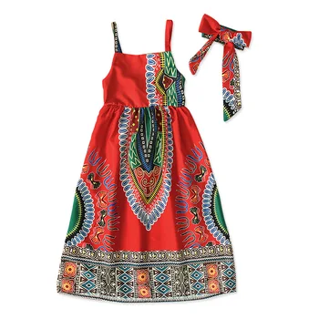 Āfrikas Modes Cute Kids Dashiki Drukāt Bazin Riche Saģērbt Meitene Apģērbs 2GAB Āfrikas Kleitas Bērnu w/ Galvas Toddler Apģērbu