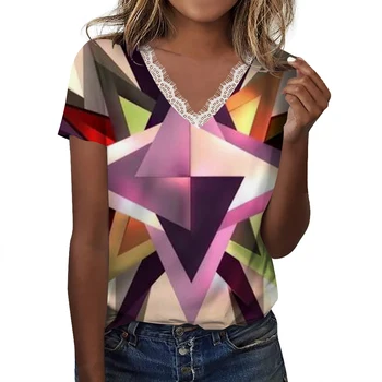 2023 Boutique Zaudēt Īsām Piedurknēm V-veida Kakla Sieviešu T-Krekls Modes Atdzist Grafiti Pleds Elementu 3D Drukas Top Mežģīņu Apdare