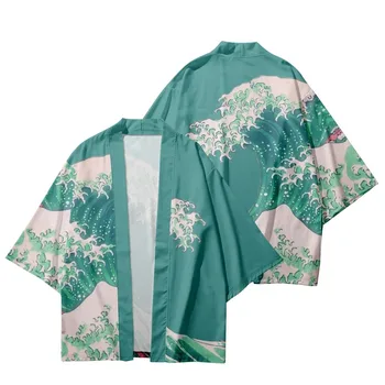 Kimono Jaka, Krekls Jūras Viļņu Drukāt Haori Cosplay Japāņu Tradicionālās Samuraju Cosplay Kostīmu Streetwear Lielgabarīta Beach Mēteļi