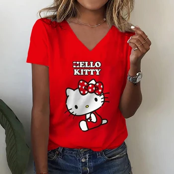 2023 Sieviešu T-Krekli, Sieviešu 3D Drukas Īsām Piedurknēm Modes T-Krekli Hello Kitty Vasaras Topi Sieviešu High Street V-veida Kakla Topi