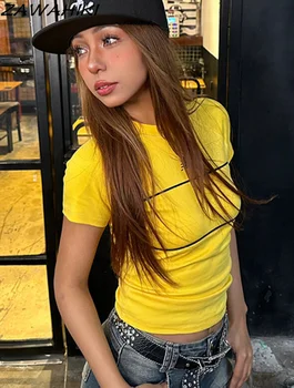 Amerikāņu Retro Dzeltenā krāsā ar Īsām Piedurknēm T Krekls Sievietēm 2023 Jauno Vasaras Kokvilnas Streetwear Y2K Slim Drukāt Šiks Gadījuma Universāls Augšu