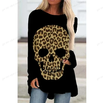Sieviešu T-Krekls 2022 Rudens Sexy Leopard galvaskausa Druka T Kreklu, Sieviešu Ikdienas Black Topi Brīvs garām Piedurknēm T Camisas Mujer