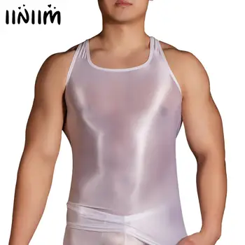 Vīriešu Apģērbu Spīdīgs Ultra-Plānām Augstas Stiept Tvertnes Augšpusē Liekšķere Kakla Uzmava Saspringts Apgrieztu Augšas uz Treniņu Kultūrisms Peldkostīmi