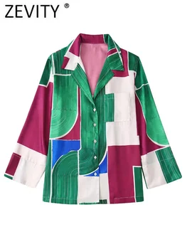 Zevity Sieviešu Vintage Krāsu Saskaņošanas Raibs Drukāt Ikdienas Krekls Biroja Dāma Kabatas Plāksteris Kimono Blūze Šiks Blusas Topi LS1442