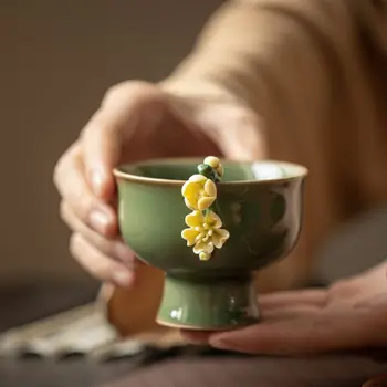 Radošā Teacup Retro Augstu Kāju Master Cup Keramikas Roku Satvertu, Izsmalcinātu Ziedu Nelielu Tējas Bļodā Kung Fu Zaļās Tējas Tases JAUNAS