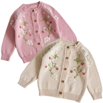 Baby Girl Adīt Jaciņa Princese Džemperis Ziedu Izšuvumu Zemeņu Zīdaiņu Toddler Bērnu Džemperis Apģērbs Rudens Adīt Jaciņa