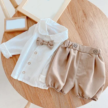 Baby Boy Apģērbs Balts Krekls+Šorti 2gab Ikdienas Komplekts Džentlmenis Vasaras Īsām Piedurknēm Uzstādīt Bowknot Zīdaiņiem Jaundzimušajiem