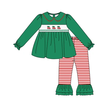 Ziemassvētku Smcking Drēbes Bērniem, Uzstādīt Smocked Santa Koks un Kravas Bērnu Apģērbs Meitenēm Apaļu Apkakles, Garas Bikses Boutique