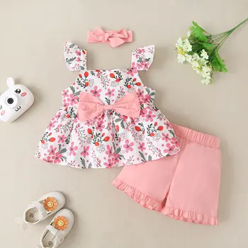1-6Years Bērniem Terno Par Toddler Baby Girl Vasaras Apģērbs Uzstādīt Margrietiņa Ziedi Bowknot Lidot Piedurknēm Tvertnes Augšpusē + Šorti 2GAB Apģērbs