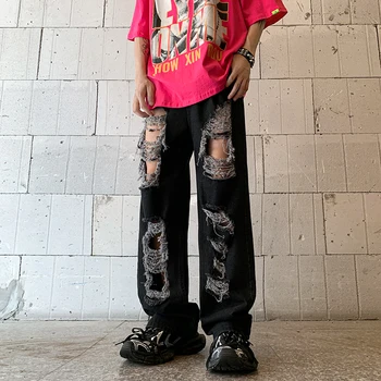 Modes Huligānisks Skaists Ripped Džinsi Vīriešu High Street Vasaras Zaudēt Gadījuma High Street Plaša Kāju Ubags Bikses Vīriešu Apģērbs