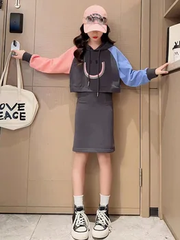 Junioru Meiteņu Rudens Modes Apģērbu Komplekti Bērniem Smaidošas Sejas Kapuci Top&īsi Svārki 2 Gab Tērpiem Studentu Tracksuit Loungewear