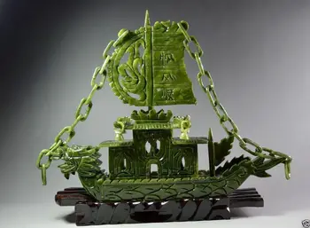 Ķīniešu Roku Cirsts 100% Dabas Jade Dragon Vīraks statuja Pūķis Laivu