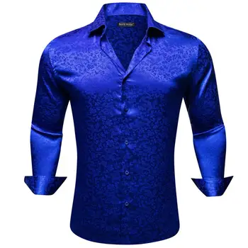 Vīriešu Krekli Zīda Satīna garām Piedurknēm Royal Blue Ziedu Slim Fit Vīriešu Blūzes Ikdienas Topi Elpojošs Streetwear Barry Wang