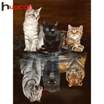 Huacan Dimanta Gleznu Pārdošana Kaķis Roku Darbs Mozaīkas Tiger Dzīvnieku Pilna Kārtas Urbt Izšūšanas Komplekts Mājas Dekoru