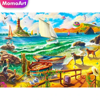 MomoArt DIY Dimanta Izšuvumi Laivu Rhinestones Grafiskās Mākslas Dimanta Krāsošana Piejūras Ainava Jauno Rokdarbu 2023