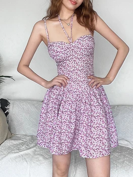 Sieviešu Vasaras Slīdēšanas Mini Kleita bez Piedurknēm Backless Spageti Siksnas Ziedu Drukāt Kleita Cute Brīvdienas Kleita