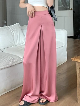Vintage Cietā Sieviešu Vasaras Garās Bikses Gadījuma Zaudēt Elegants Modes Korejas Baggy Pantalons Elegants Satīna Sieviešu Bikses Jaunas