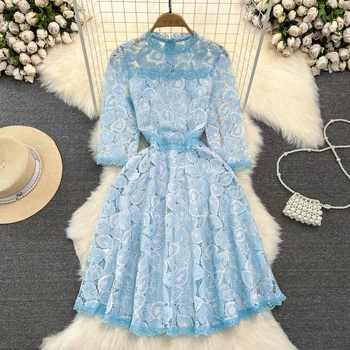 Modes Dāma Elegants Puse Piedurknēm ar Apaļu Kakla Vidus garums - line Mežģīņu Kleita 2023 modes sieviešu Apģērbs