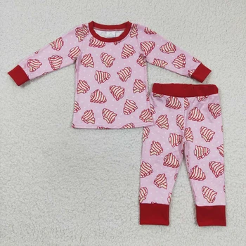 Vairumtirdzniecības Baby Girl Ziemassvētku Kūka Koku Rozā Apģērbs Toddler Sleepwear Bērns Ar Garām Piedurknēm Raibs Krekls Komplekts Bikses Bērnu Pidžamas