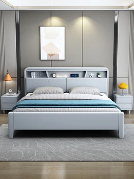Ziemeļu balto masīvkoka gulta, 1.8 m divguļamā gulta ar nakts gaismu, modernu un vienkāršu 1,5 m augstu ekonomisko box glabāšanas gulta